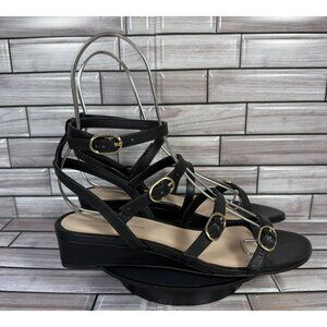 Stuart Weitzman Women's Black Leather Grecian Buckle Wedge Sandals Size‎ 7-NEW